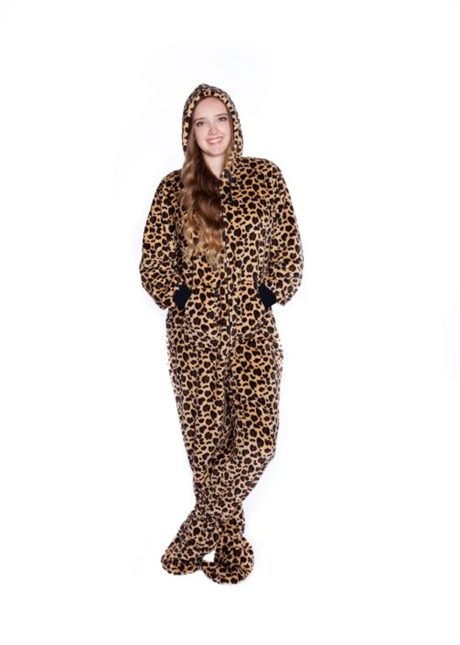 Leopard Plush Hooded Adult Footed Pajamas Footie Drop Seat ...