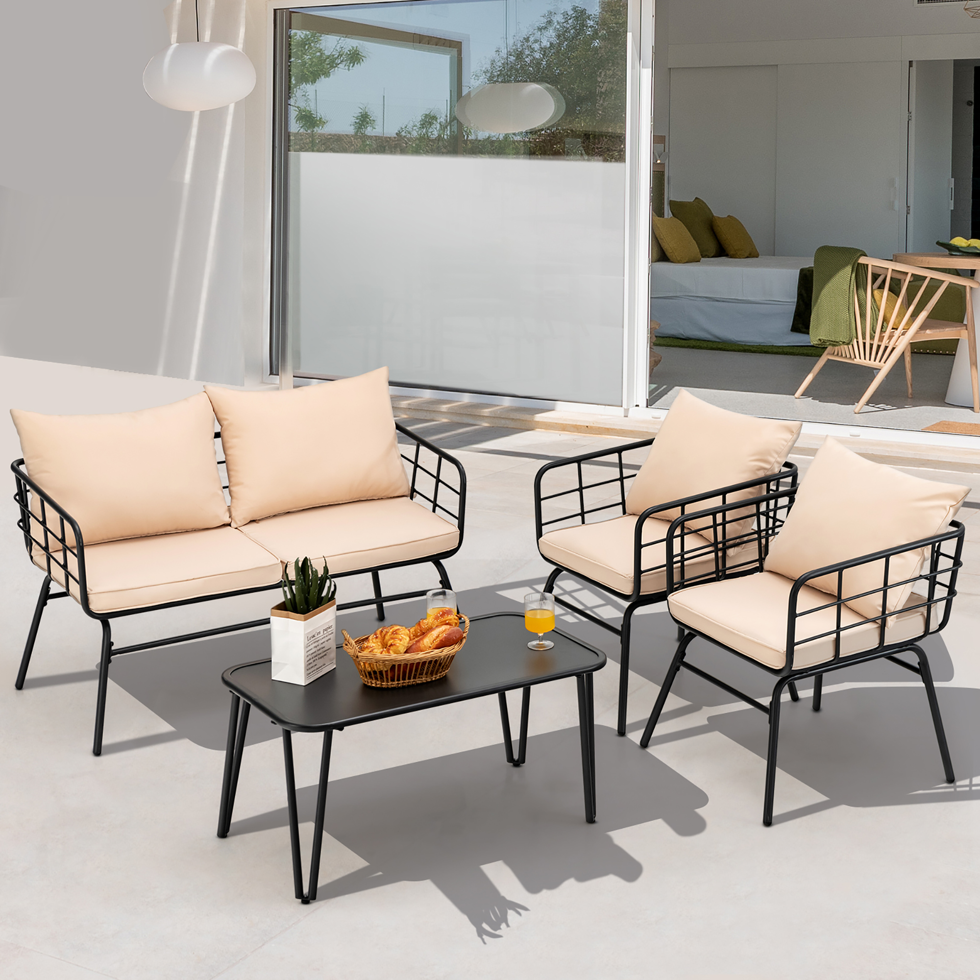 Costway 4-Piece Patio Furniture Set Cushioned Sofa Loveseat Armrest Table Garden