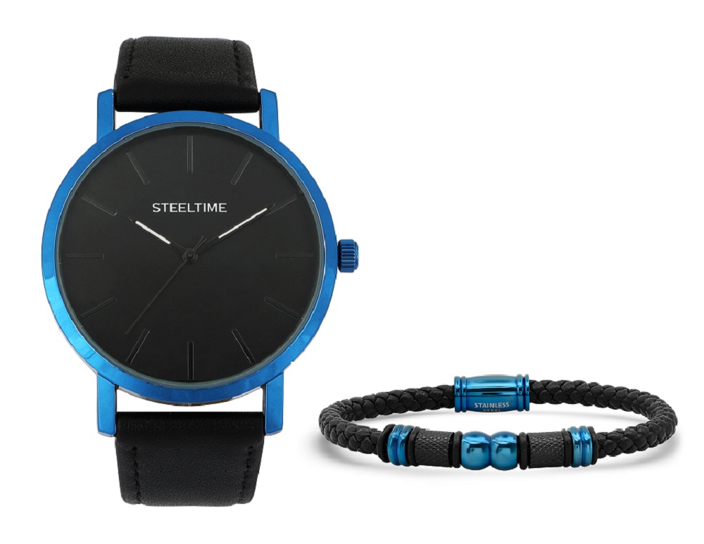 Bracelet & Blue IP Watch Set W/Bracelet W/ IP Plated Steel Bead Accents