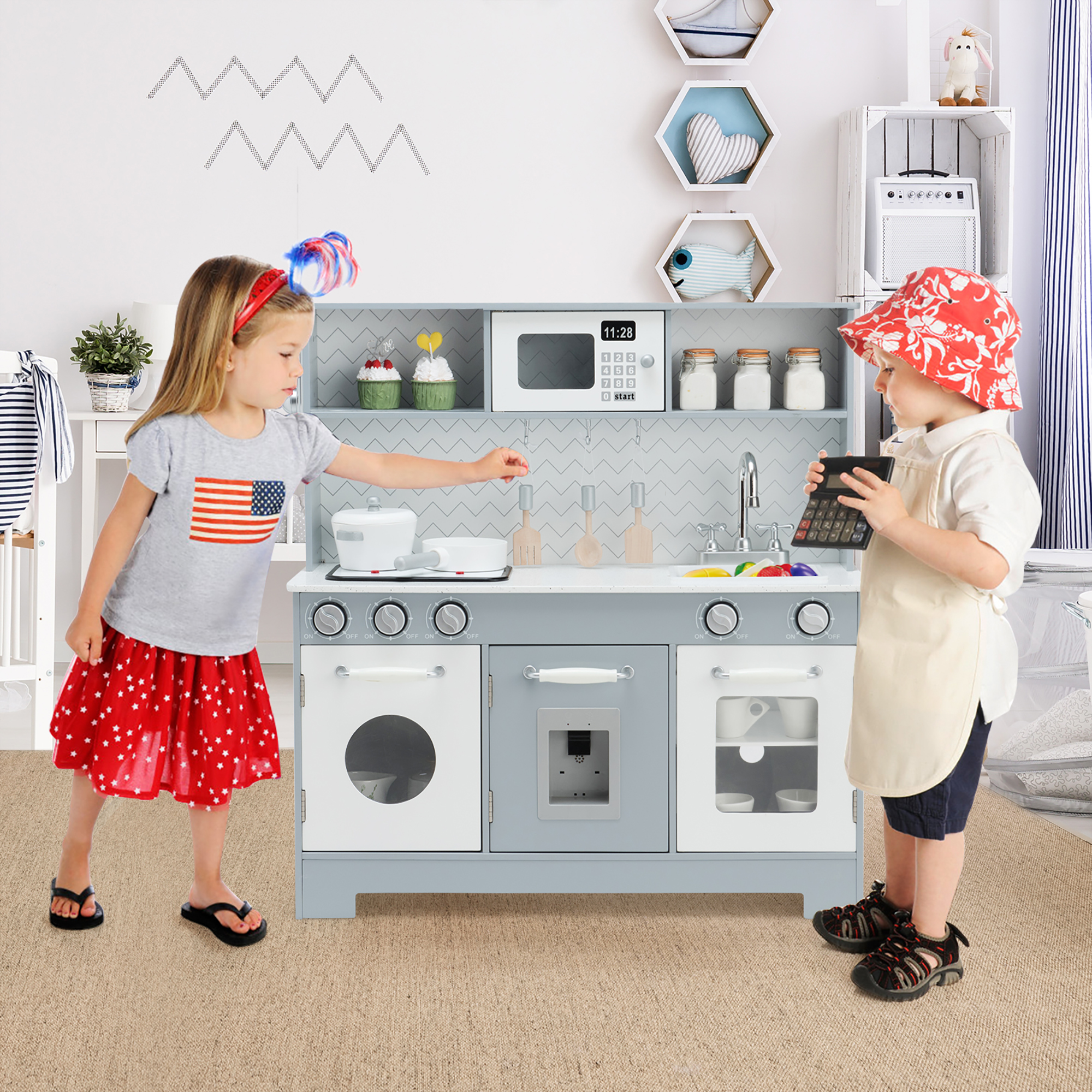 Costway Pretend Play Kitchen Wooden Toy Set for Kids w/ Realistic Light & Sound