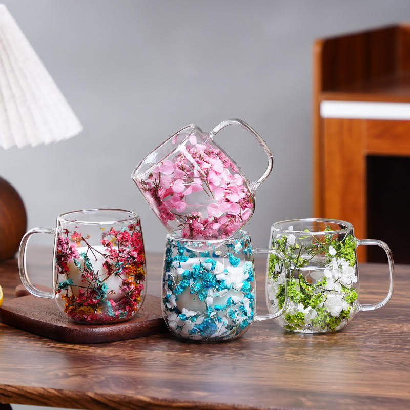 Double Walled Glass Cup with Real Dried Flowers