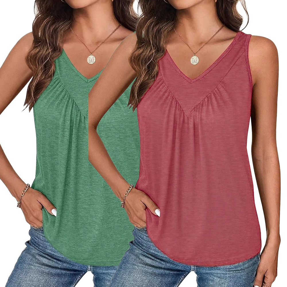 2-Pack Women's V-Neck Ruched Tank Tops – Loose Fit Sleeveless Summer Tops