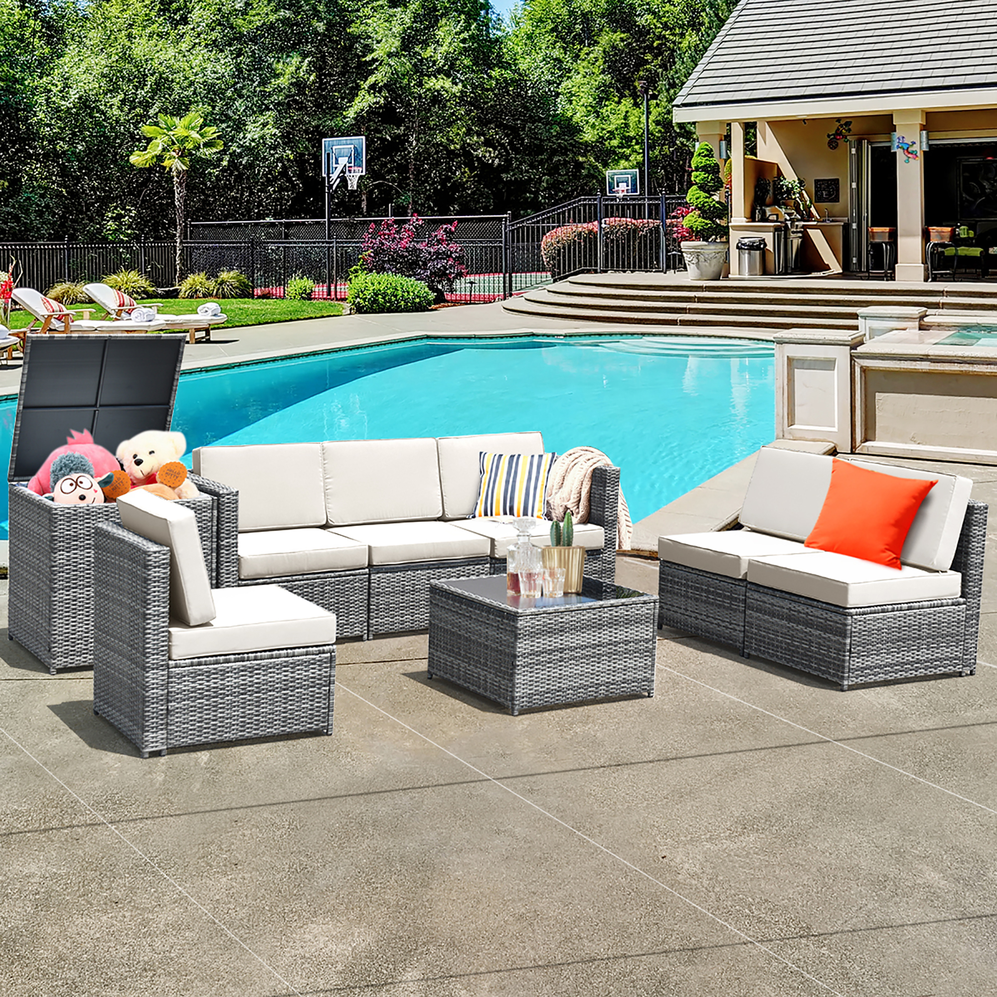 Costway 8 PCS Wicker Sofa Rattan Furniture Set Patio Furniture w/ Storage Table White\ Black\Turquoise\Red