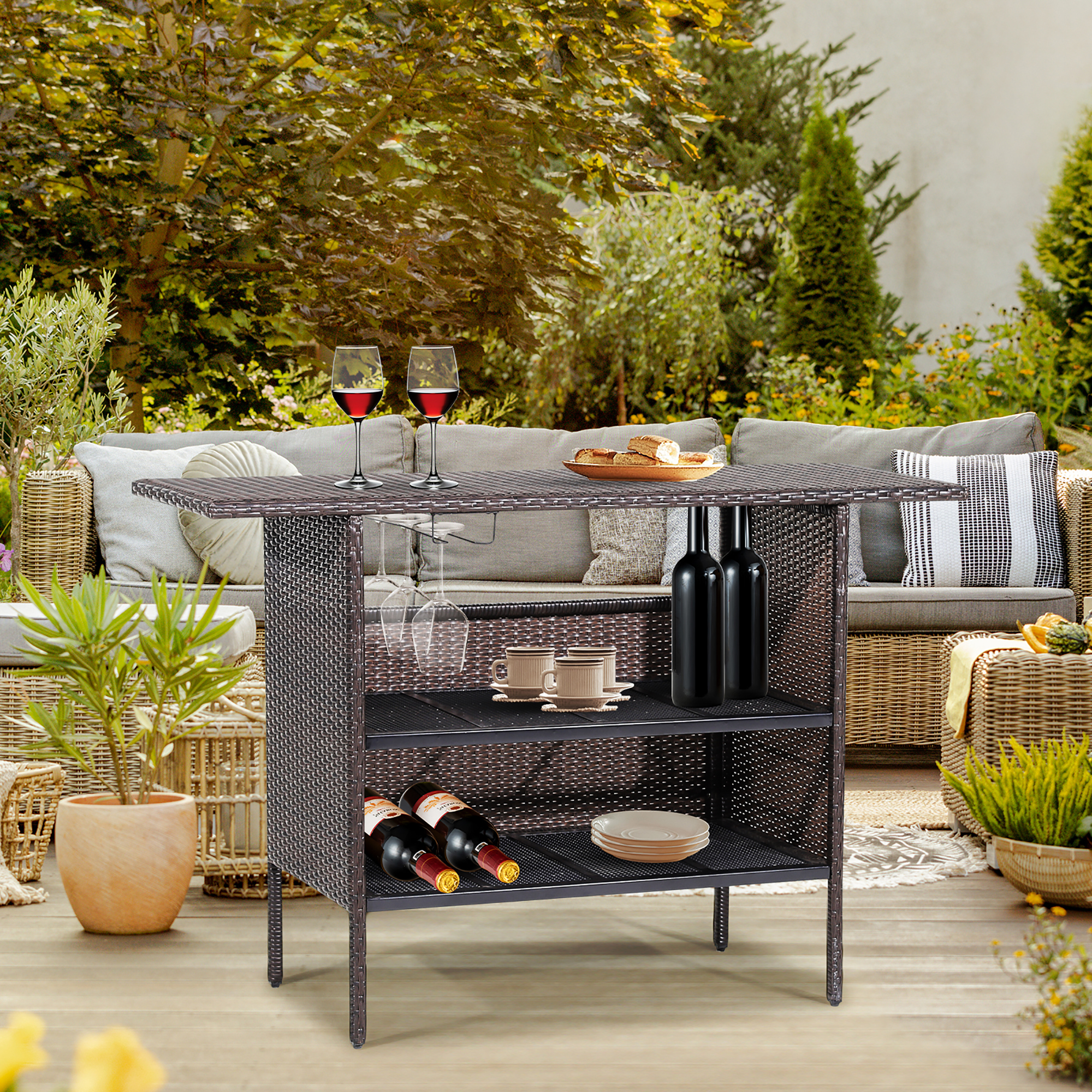 Costway Patio Rattan Wicker Bar Height Counter Table Storage Shelf