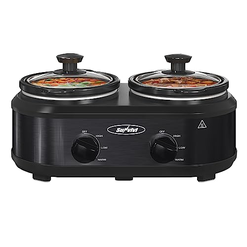 RoyalCraft Double Slow Cooker,2 Pot Small Mini Crock Buffet Servers and Warmer,Dual Pot Oval Manual Slow Cooker, Total 2.5 Quarts Black