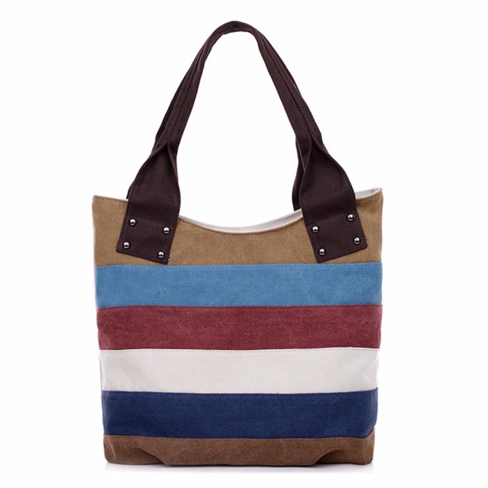 Women's Patchwork Striped Canvas Shoulder Bag