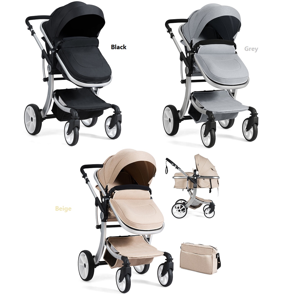Costway Folding Aluminum Infant Bassinet Reversible Baby Stroller W/ Diaper Bag BeigeBlackGrey