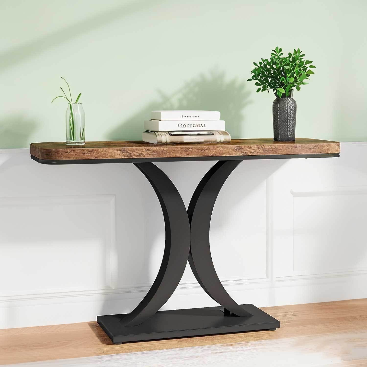 40-Inch Industrial Console Table, Narrow Entryway Foyer Table with Geometric Base, Rustic Hallway Accent Table for Living Room