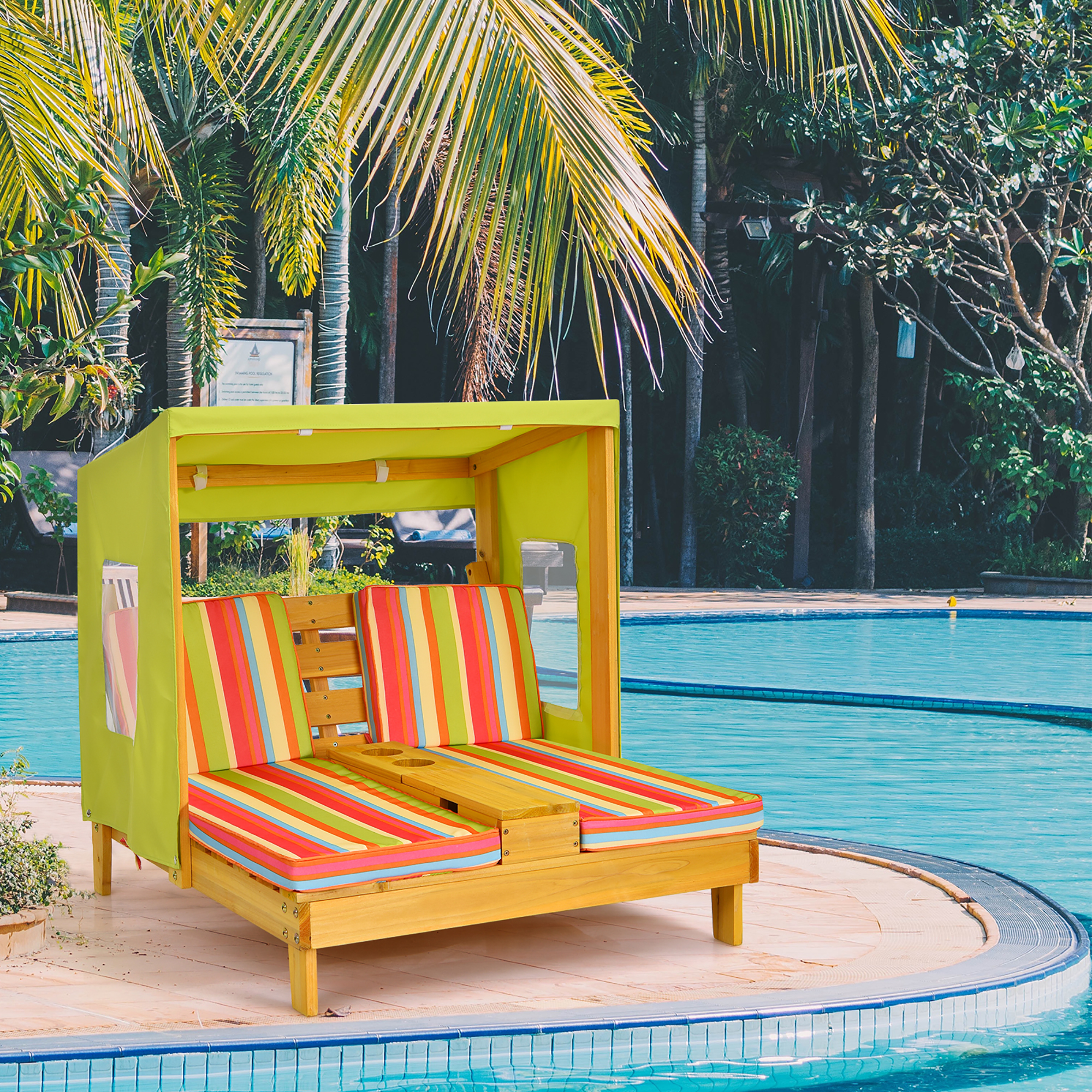 Kids Double Chaise Lounge With Cup Holders & Awning