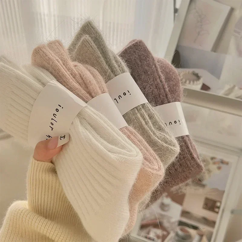1Pair Winter Thick Warm Women's Cashmere Wool Socks Japanese Harajuku Style Solid Color socks