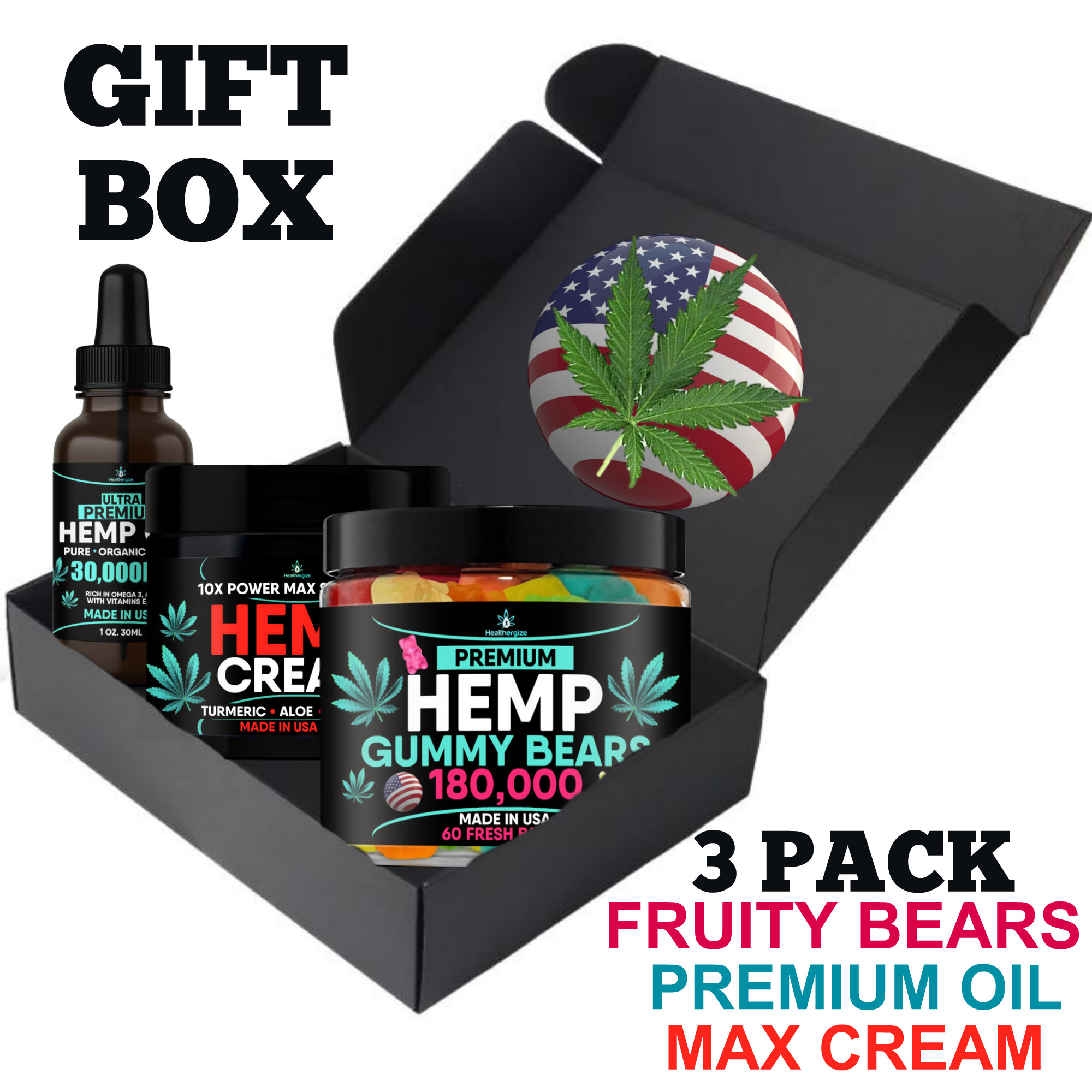 Premium Hemp Variety Gift Box-Hemp Gummy Bears, Hemp Cream Hemp Oil-Made In USA