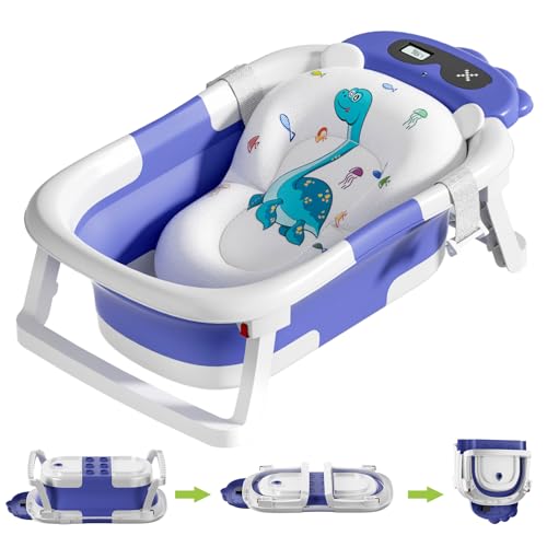 VOSEKI BATHTUB, COLLAPSIBLE BABY TUB WITH THERMOMETER SOFT CUSHION - BLUE