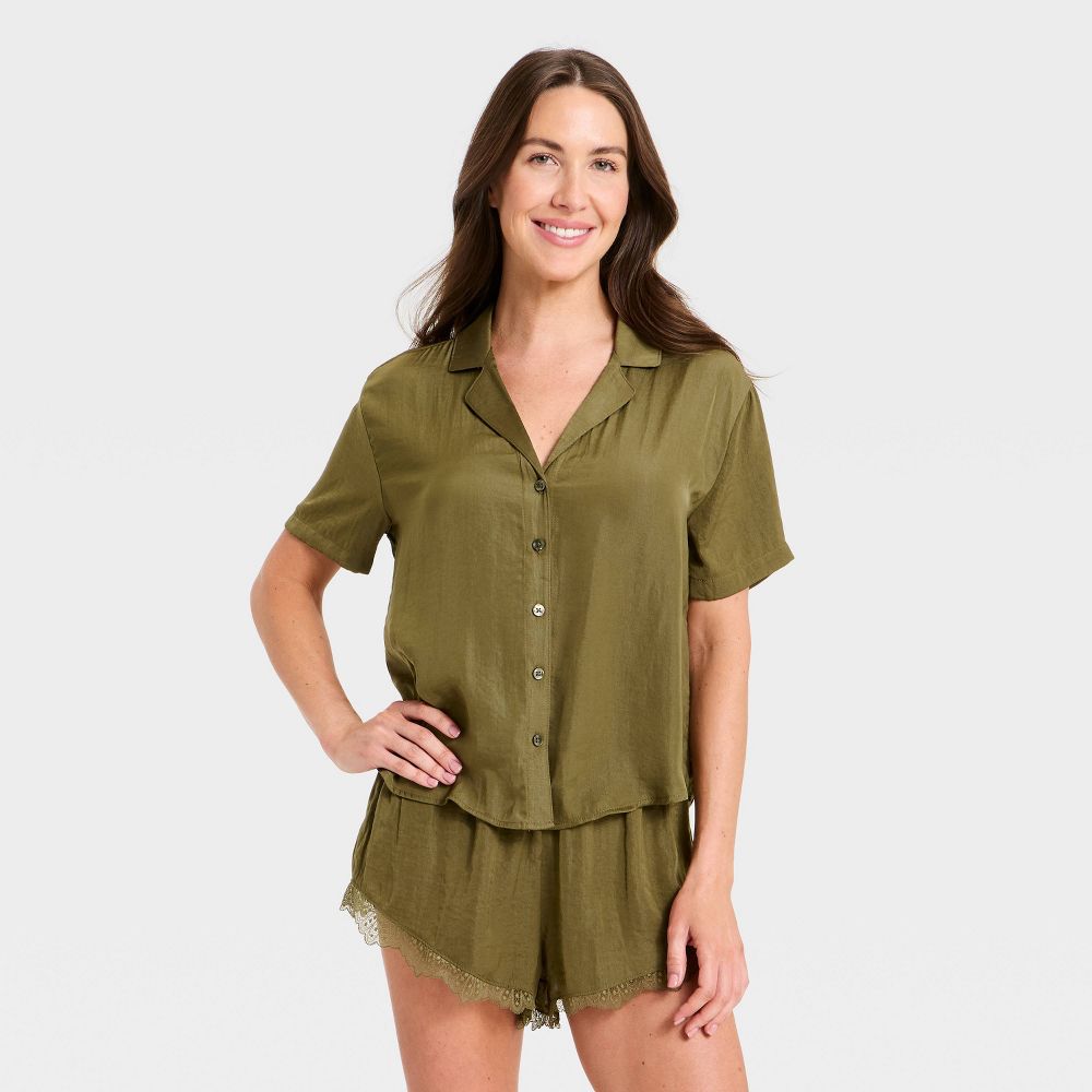 Women's Luxury Collection Satin Notch Collar Top and Lace Trim Shorts Pajam