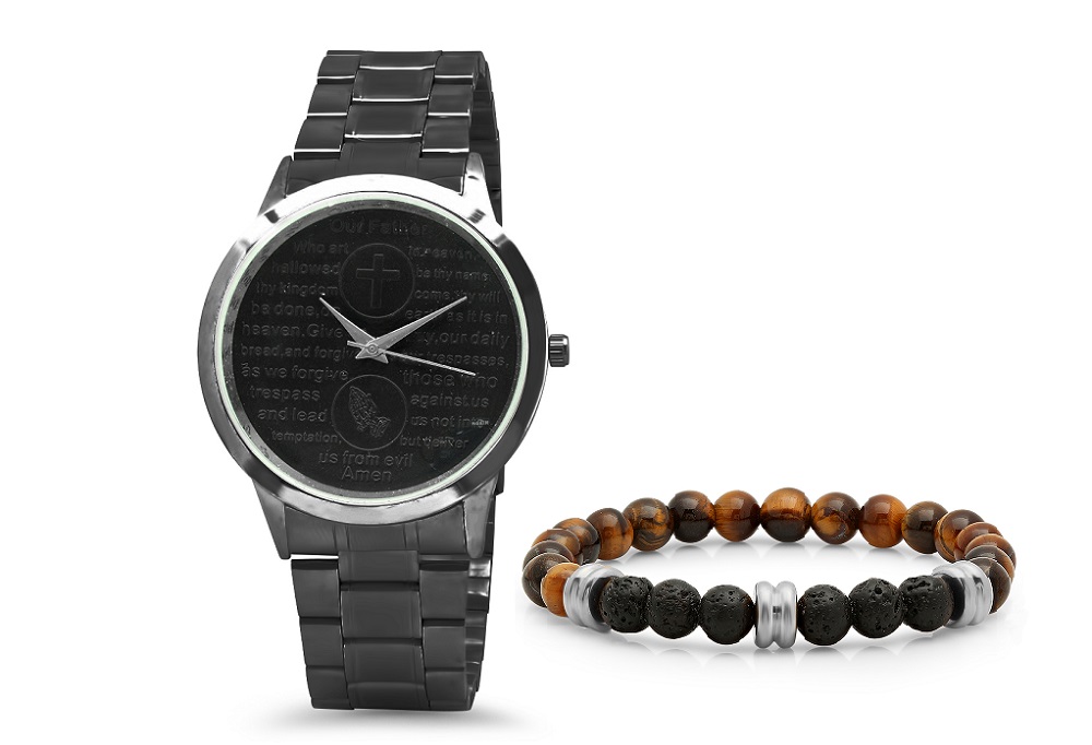 Gunmetal Bracelet & Watch Set W/ Tiger Eye Beaded Bracelet