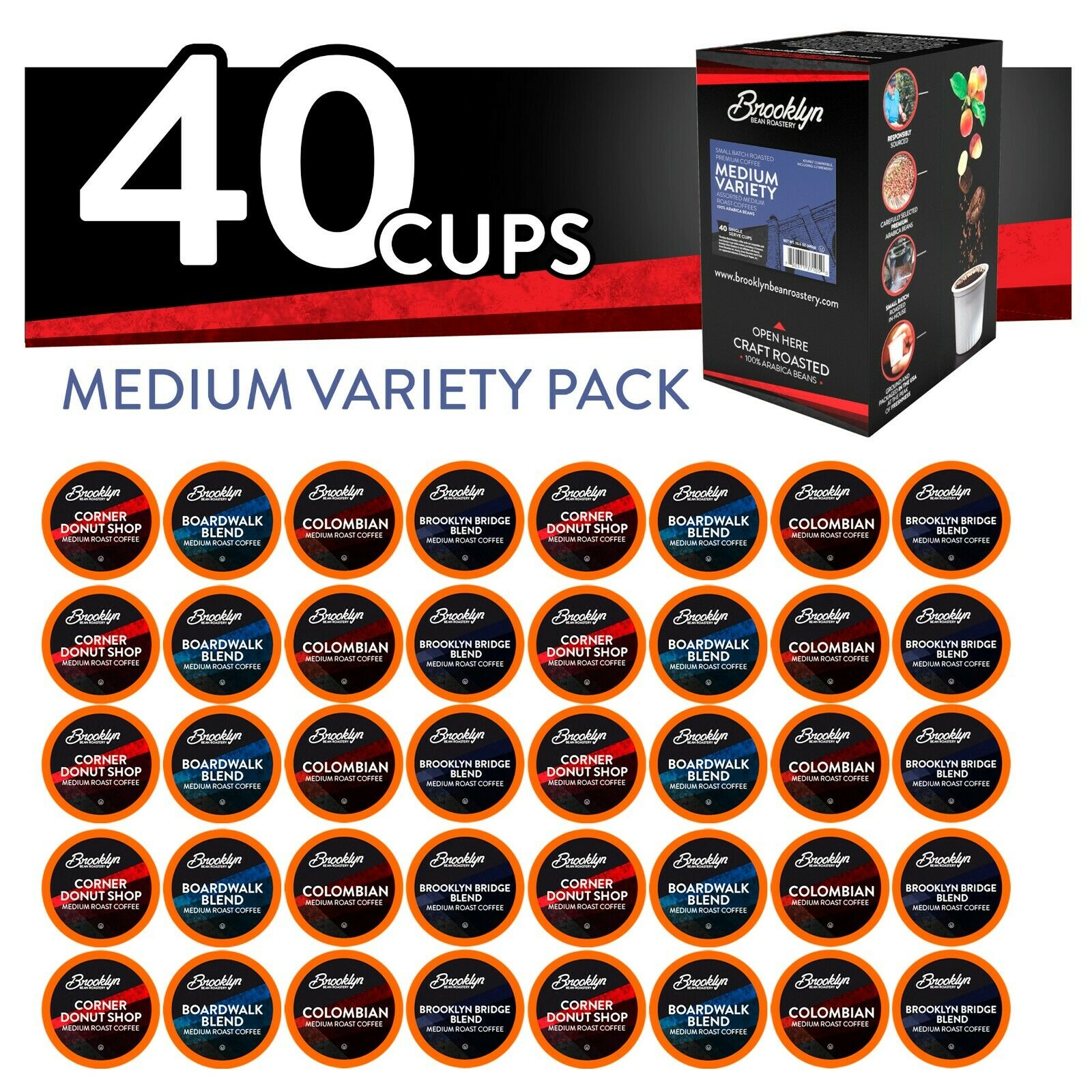 Brooklyn Beans Med. Roast Coffee Pods for Keurig Brewer,Variety, 40 count