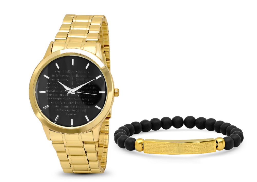 Bracelet & Watch Set W/ Black & Gold Our Father Id Bracelet