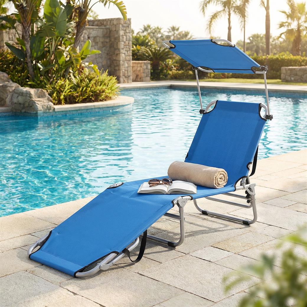 Adjustable Outdoor Beach Patio Pool Recliner with Sun Shade-Navy
