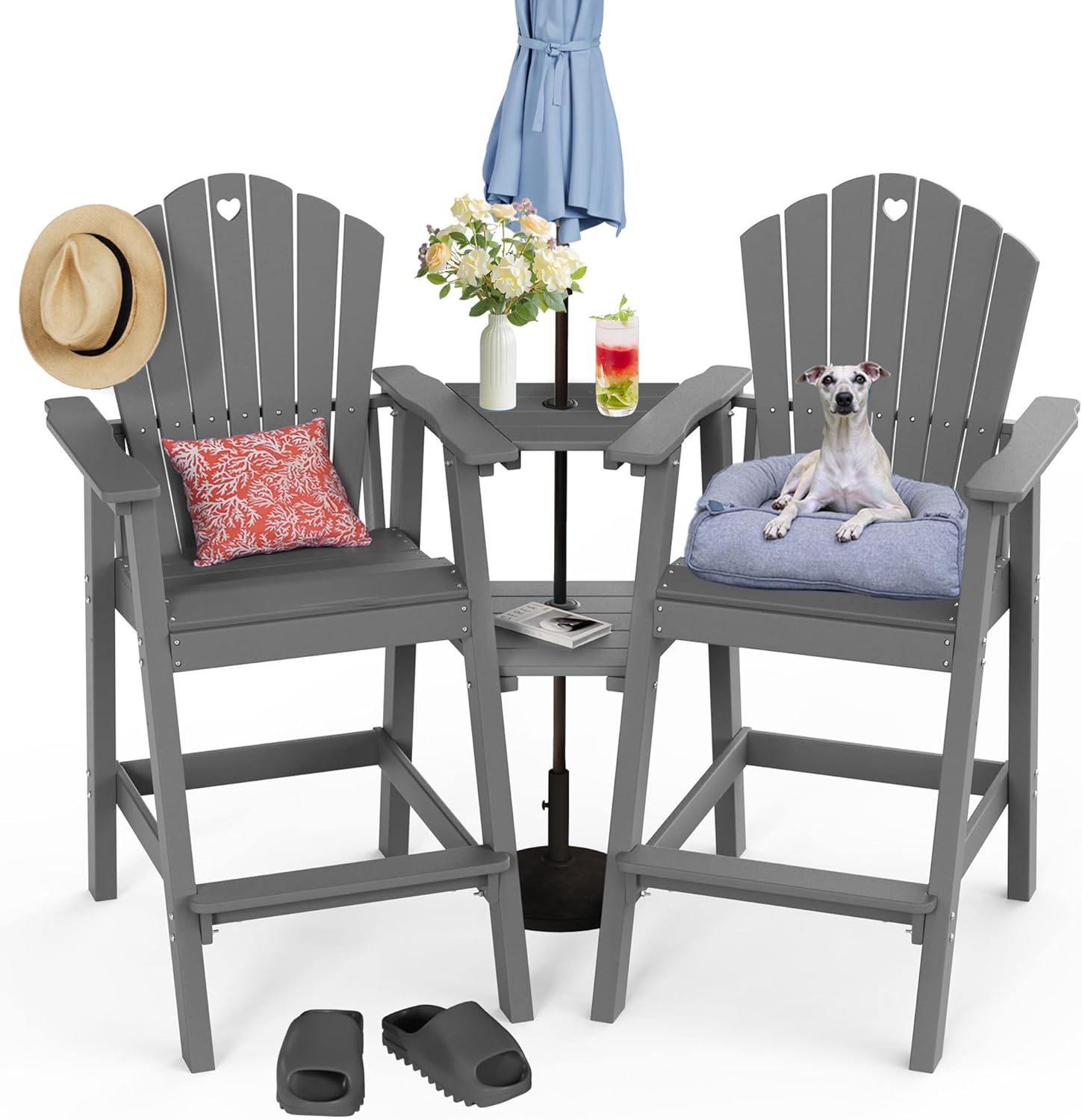 Tall Adirondack Chairs Set of 2 with 2-Layer Connecting Table with Umbrella Hole for Patio, Deck, Yard