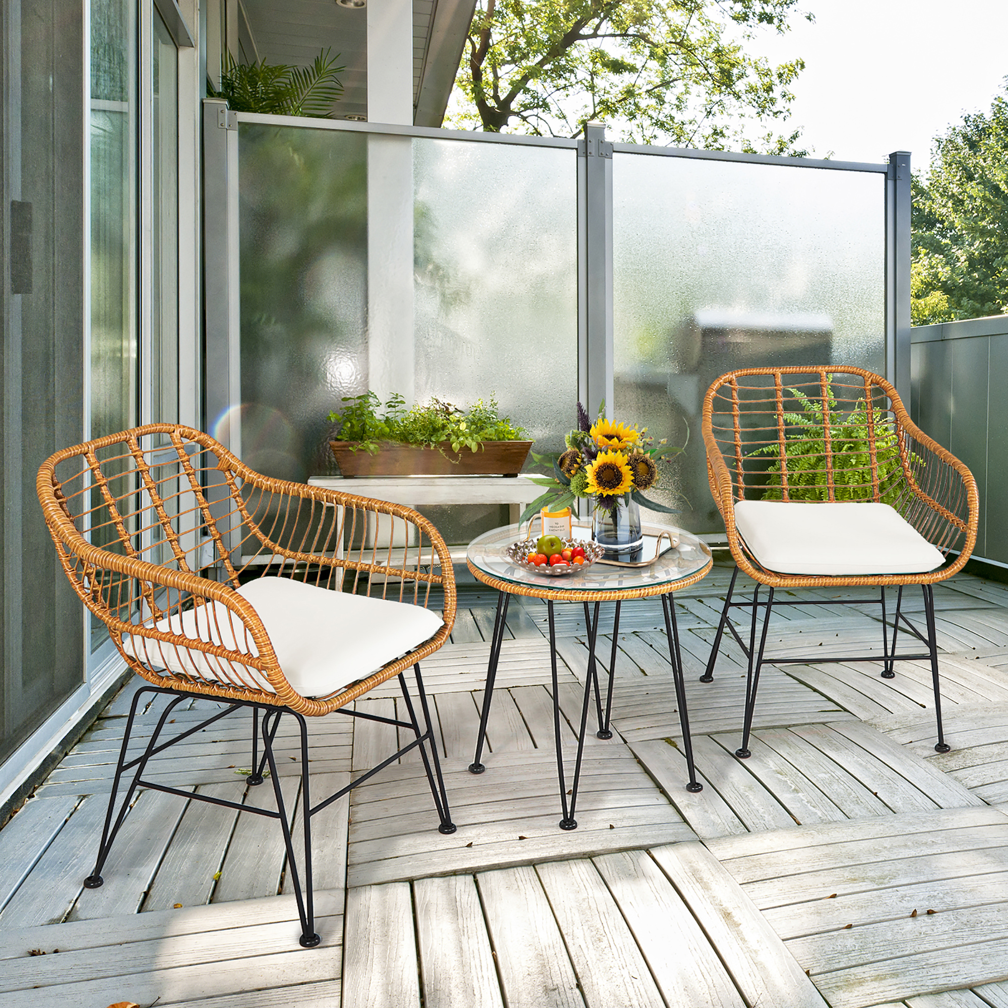 Costway3PCS Patio Rattan Bistro Furniture Set Cushioned Chair Table
