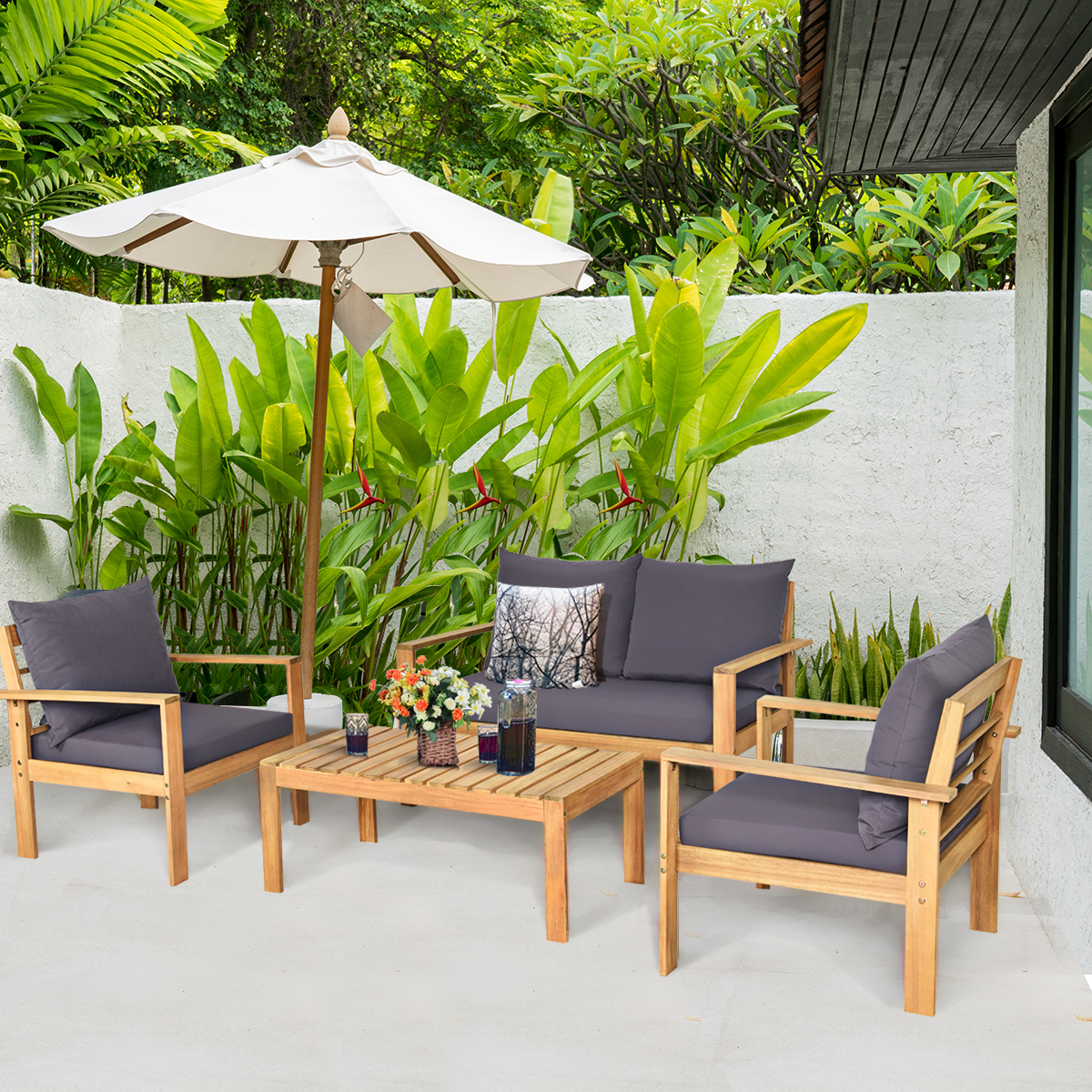 Costway 8PCS Patio Furniture Set Acacia Wood Thick Cushion Loveseat Sofa Ga