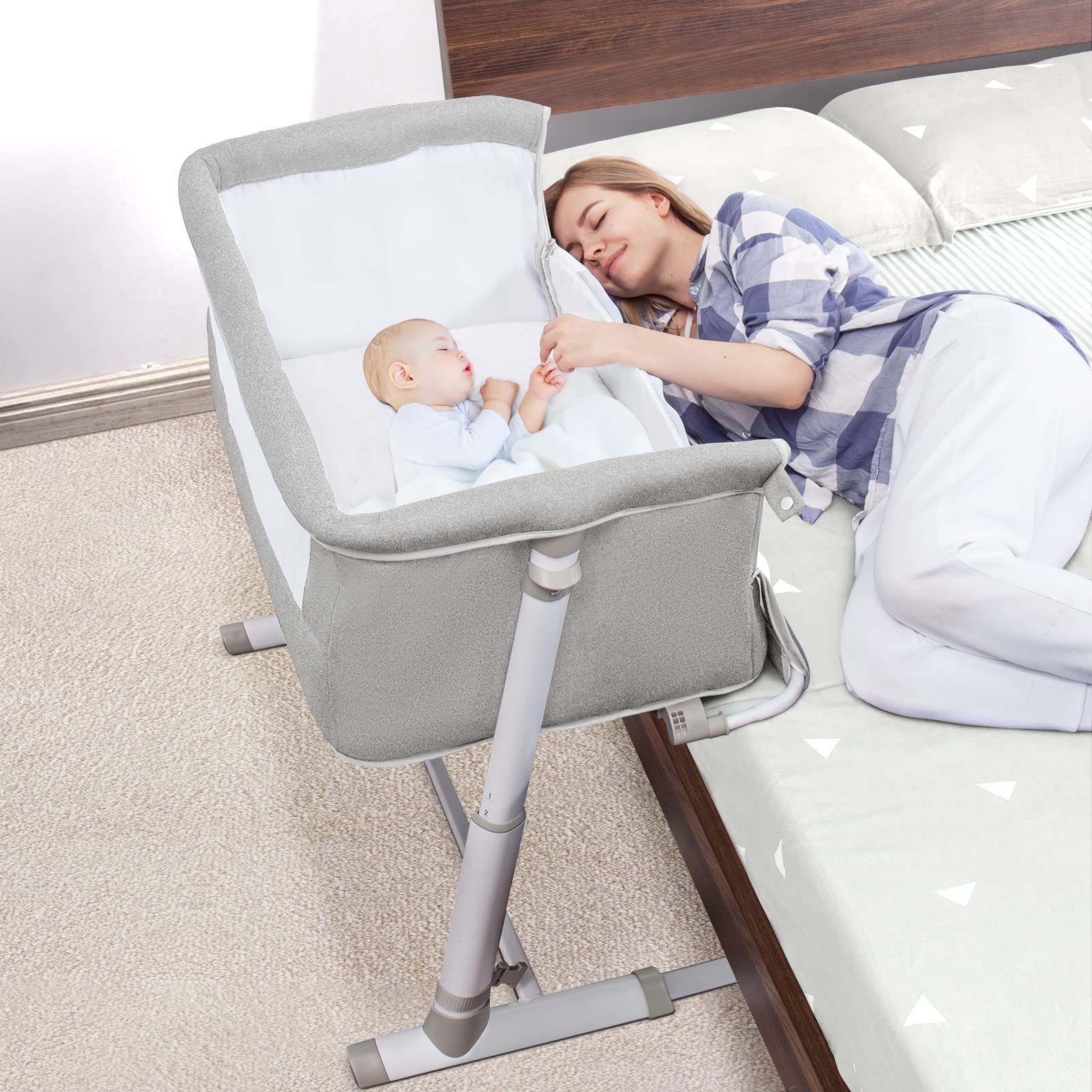 SYCYH Baby Bassinet Baby Bedside Sleeper Comfy Mattress Adjustable - Light Gray