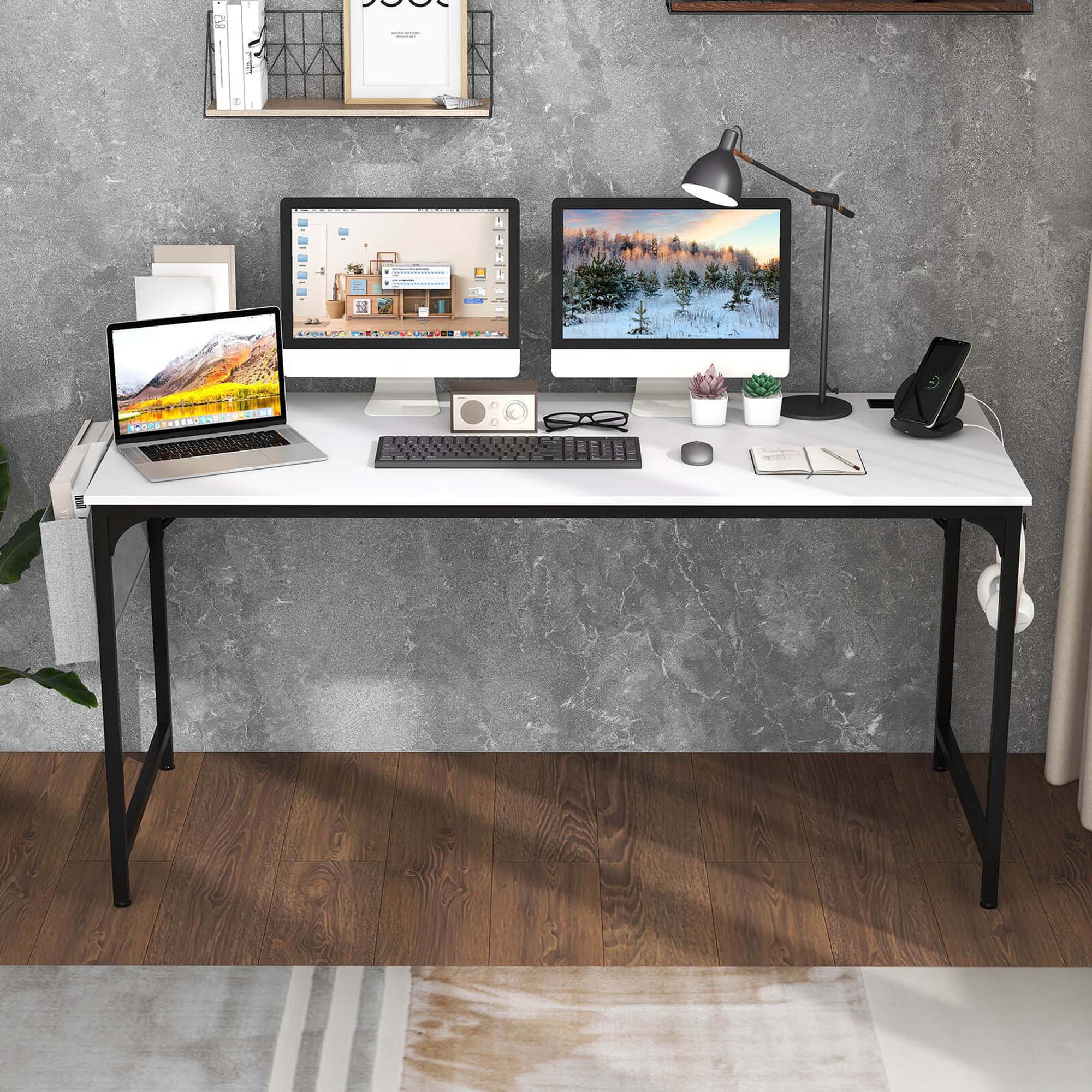 Costway 60" Modern Computer Desk with Charging Station with Storage Bag & Headphone Hook White