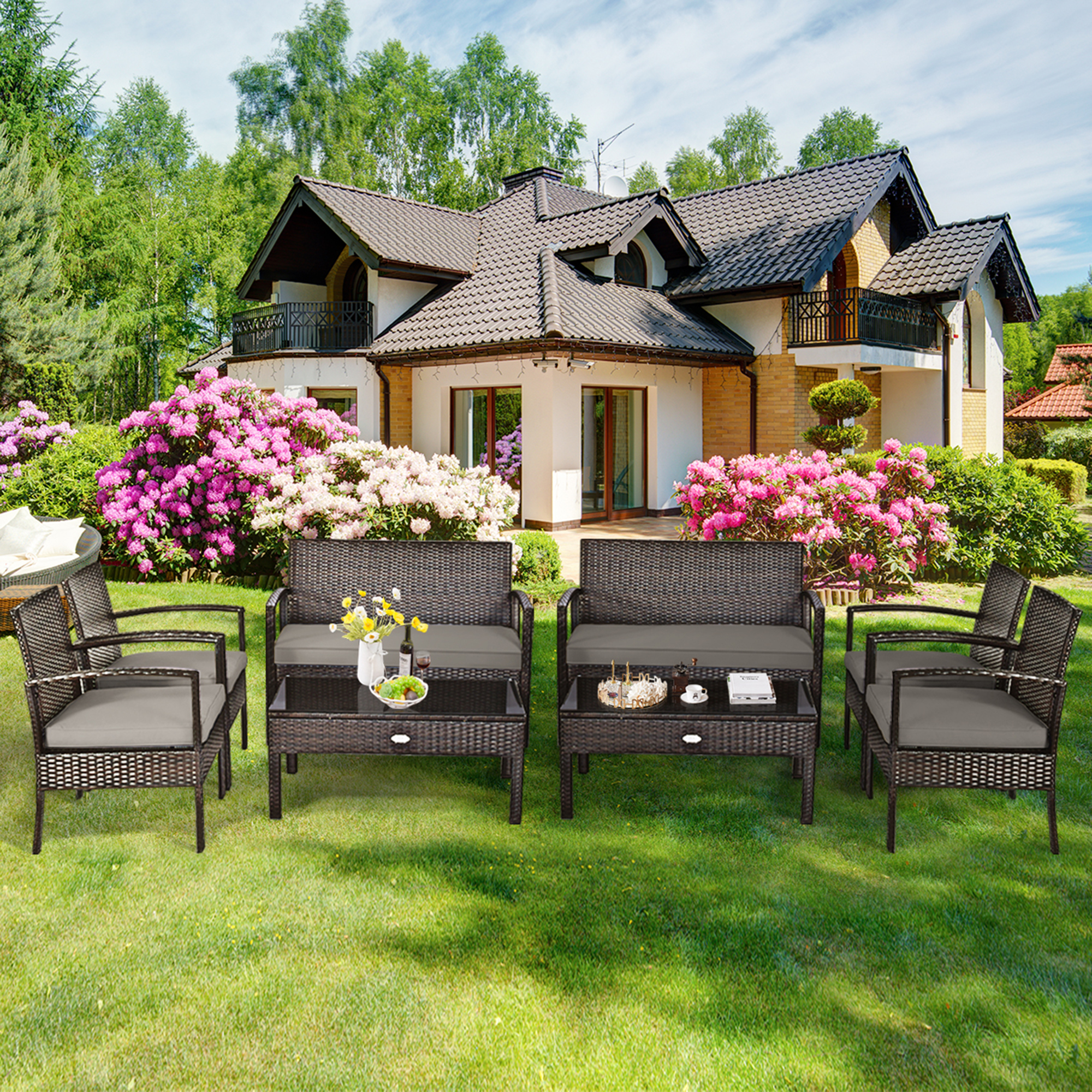 Costway 8PCS Rattan Patio Conversation Set Outdoor Furniture Set Garden w/Cushion
