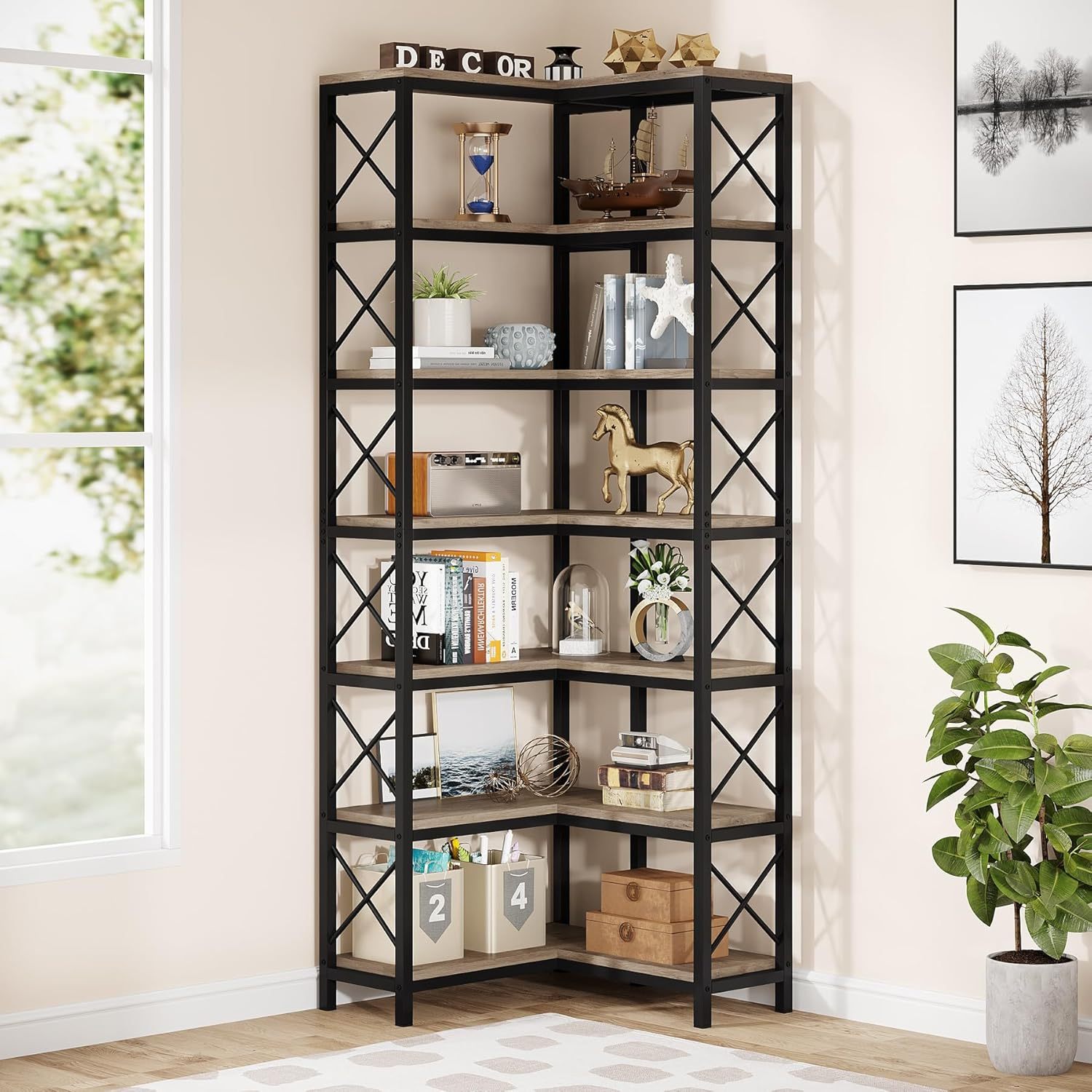 Multi-Shelf Corner Bookshelf, Large Modern Corner Bookcase, 7-Tier Tall