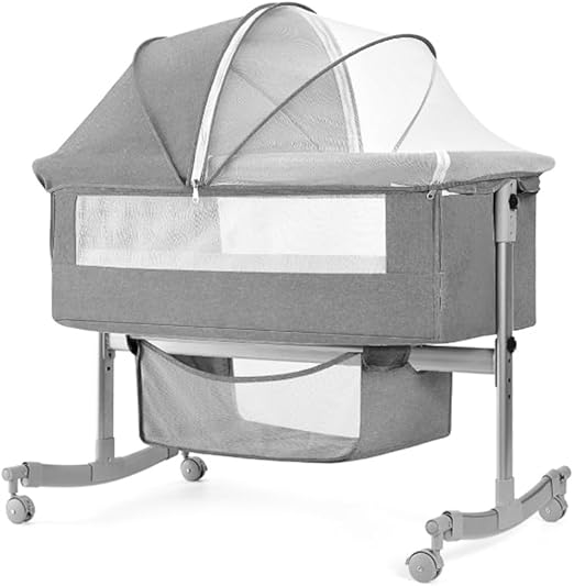 UIUWOO BEDSIDE CRIB, 3 IN 1 BASSINET BABY CRADLE ADJUSTABLE HEIGHT - GRAY