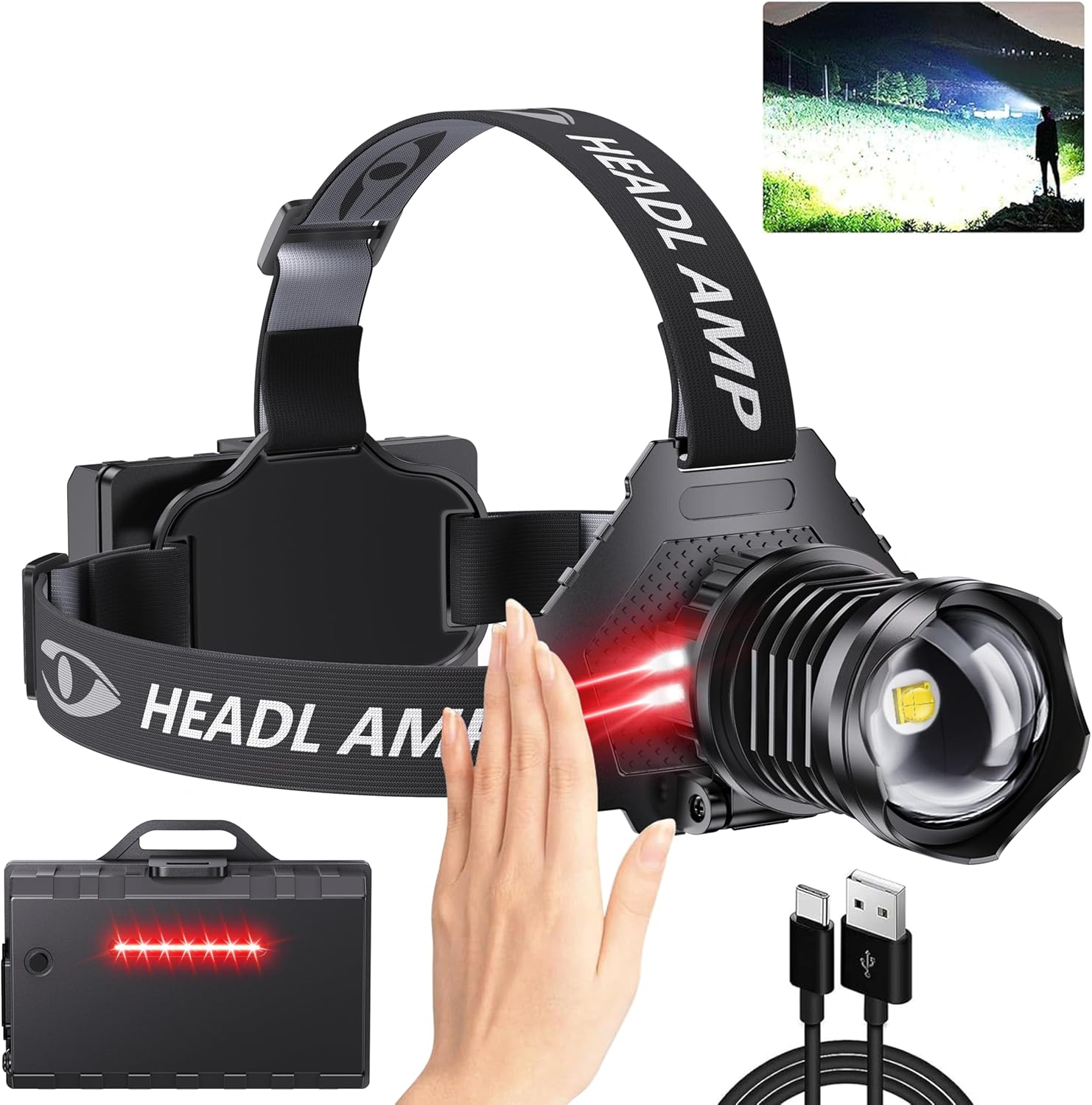 LED Rechargeable Headlamp, 900000 High Lumens Super Bright with 5 Modes