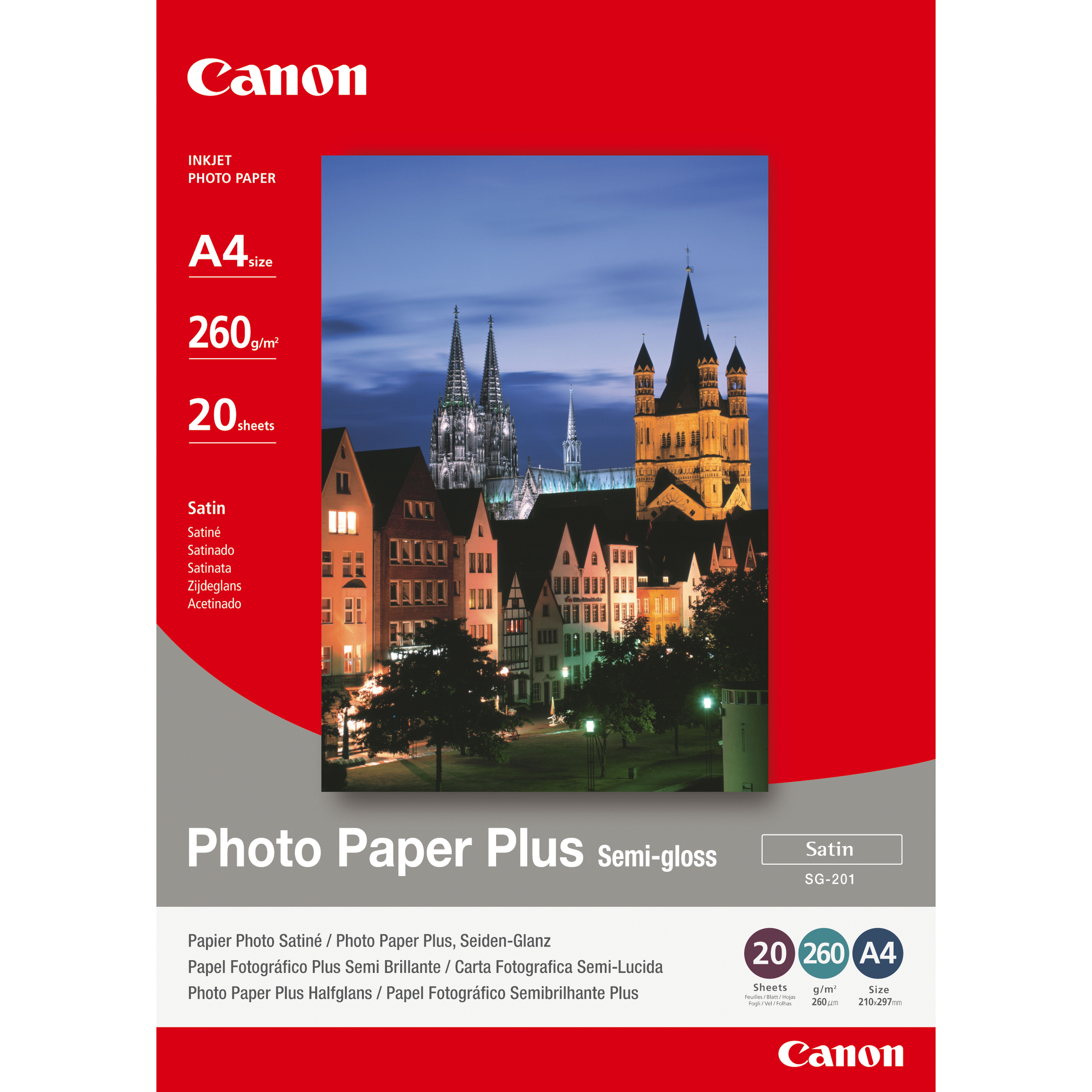 Canon SG-201 A4 – 20 SheetsSemi Gloss A4 – 20 Sheets. 260 gsm 0.26mm thick
