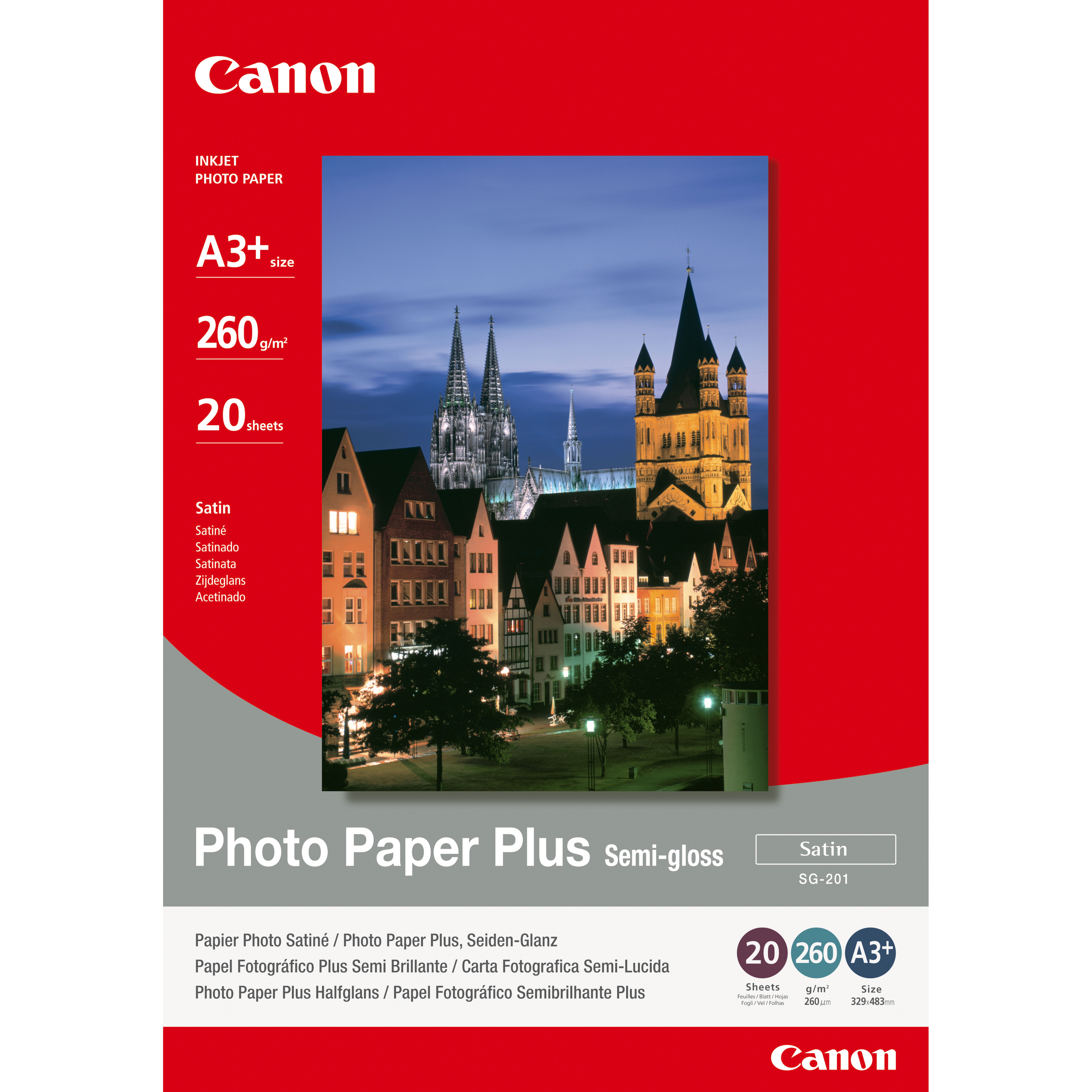 Canon SG-201 A3+ – 20 SheetsSemi Gloss A3+ – 20 Sheets. 260 gsm 0.26mm thick