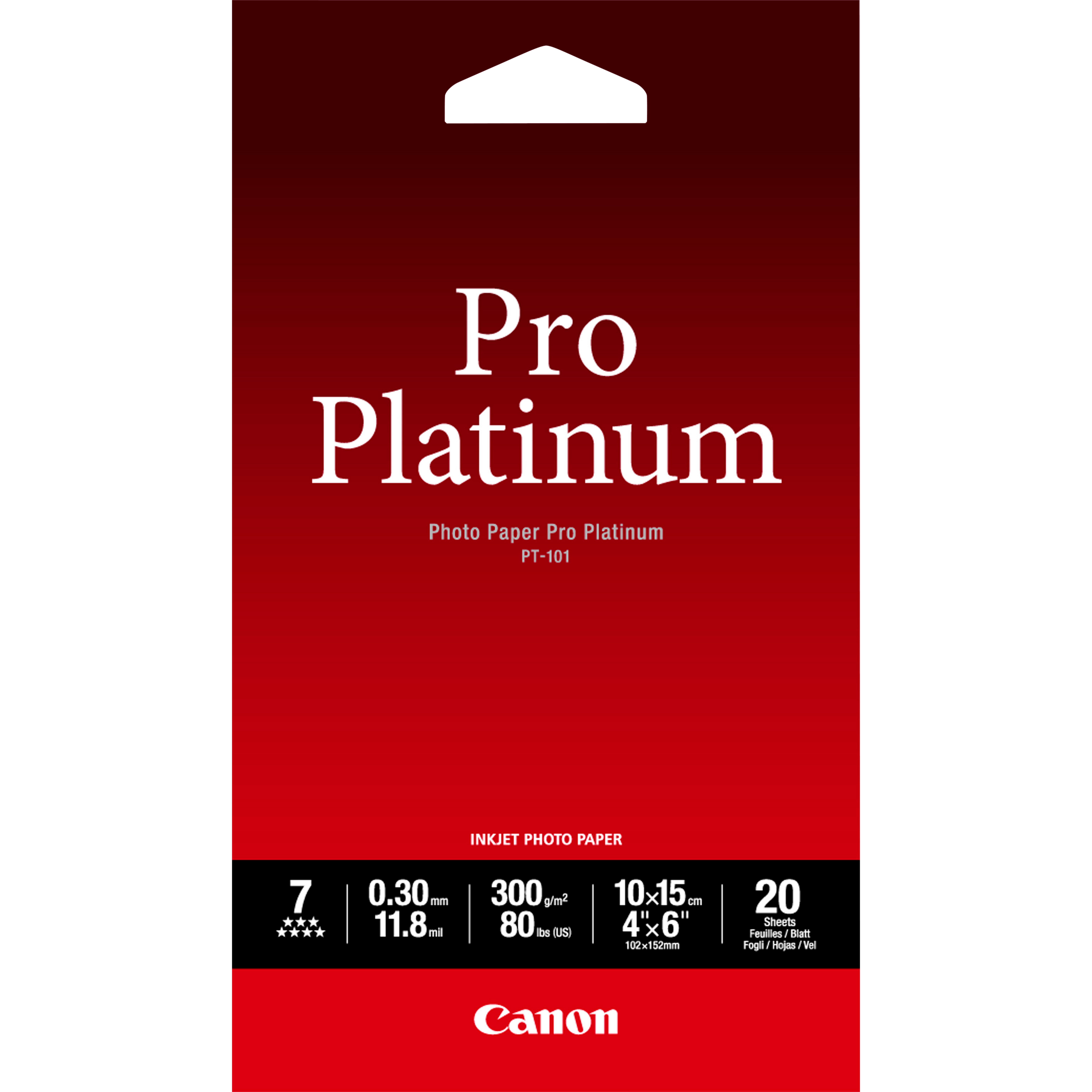 Canon PT-101 4 X 6 – 20 SheetsPro Platinum 10 x 15cm  (4x6in) – 20 Sheets. 300 gsm 0.30mm thick
