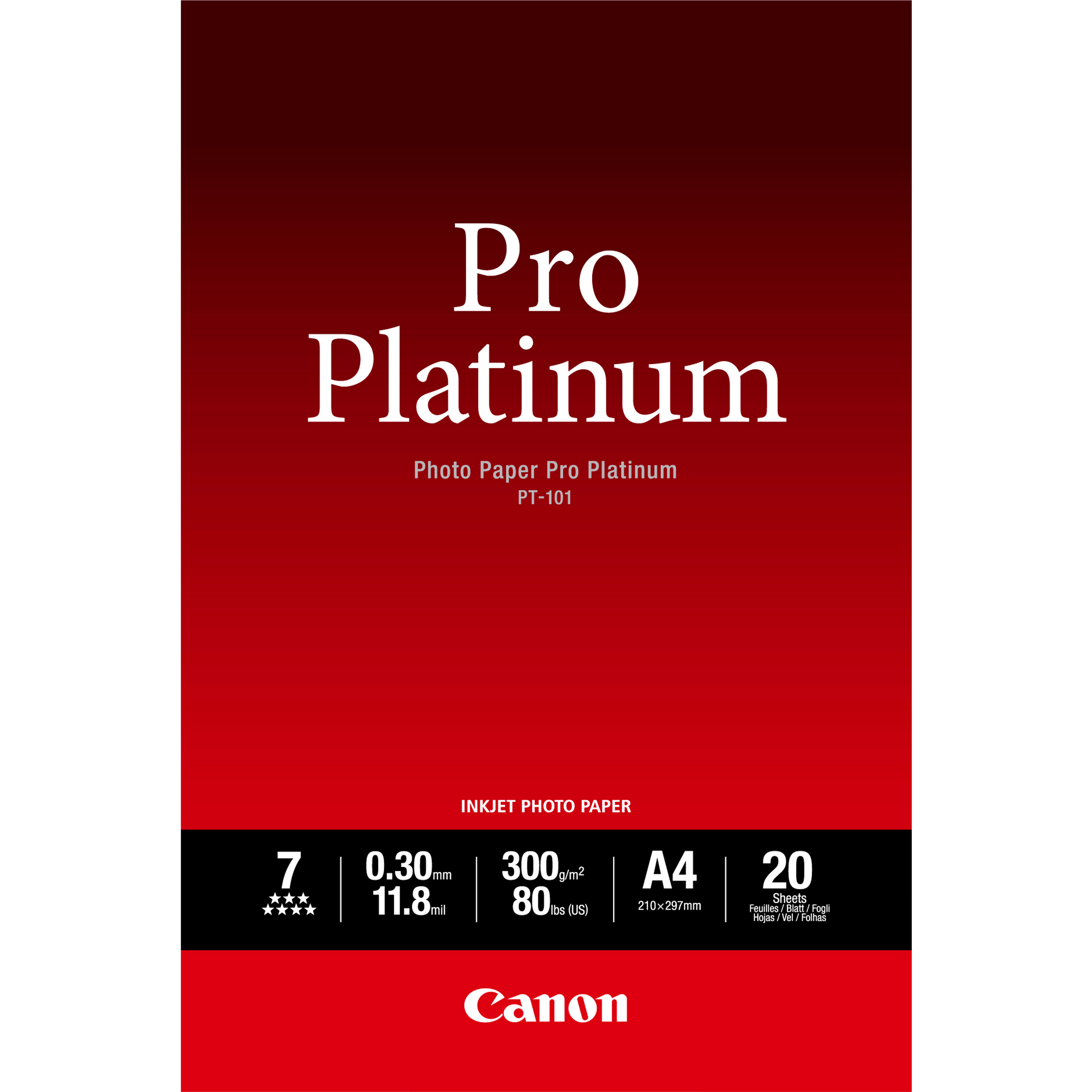 Canon PT-101 A4 – 20 SheetsPro Platinum 10 x 15cm  (4x6in) – 20 Sheets. 300 gsm 0.30mm thick