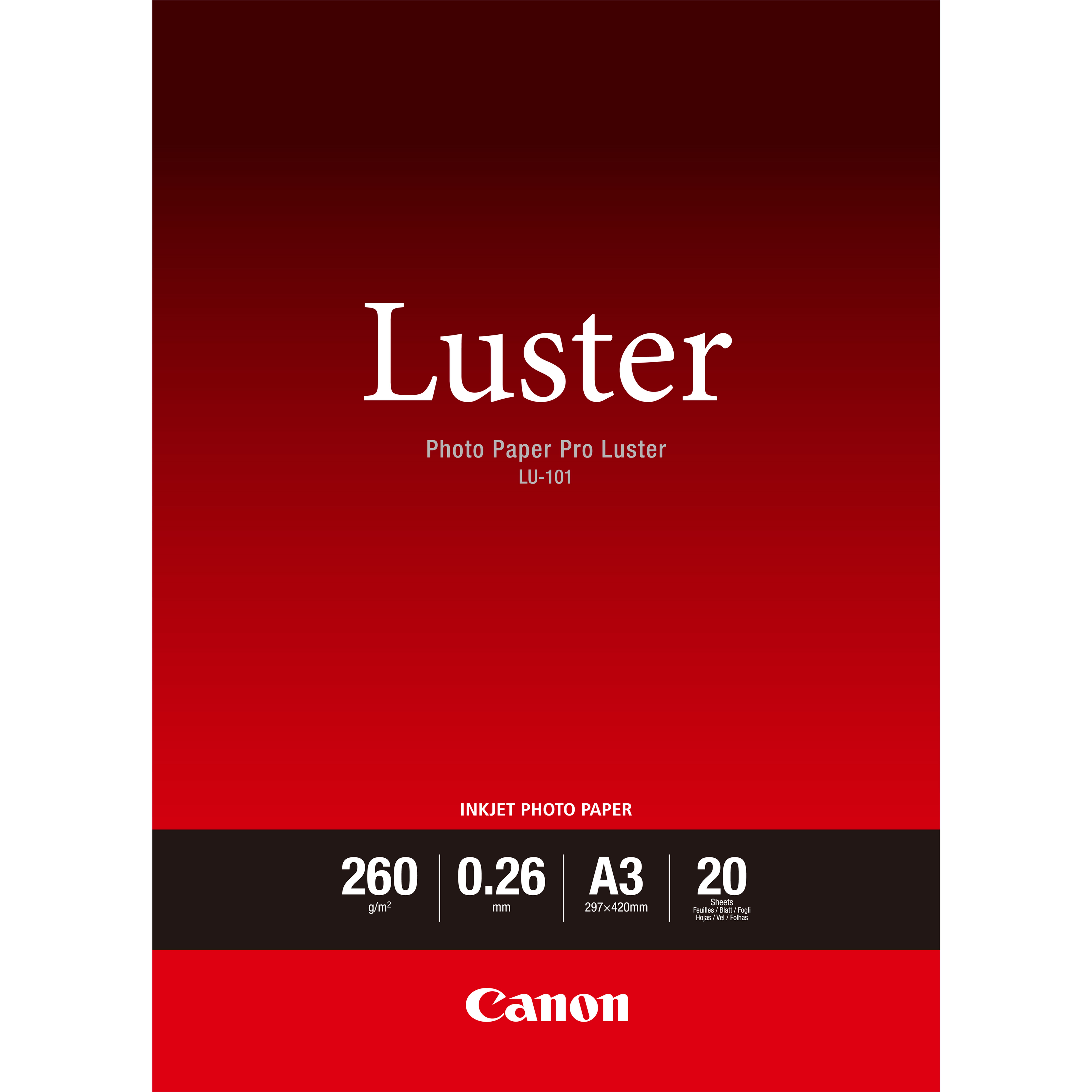 Canon LU-101 A3 – 20 SheetsPro Luster A3 – 20 sheets. 260gsm 0.26mm thick