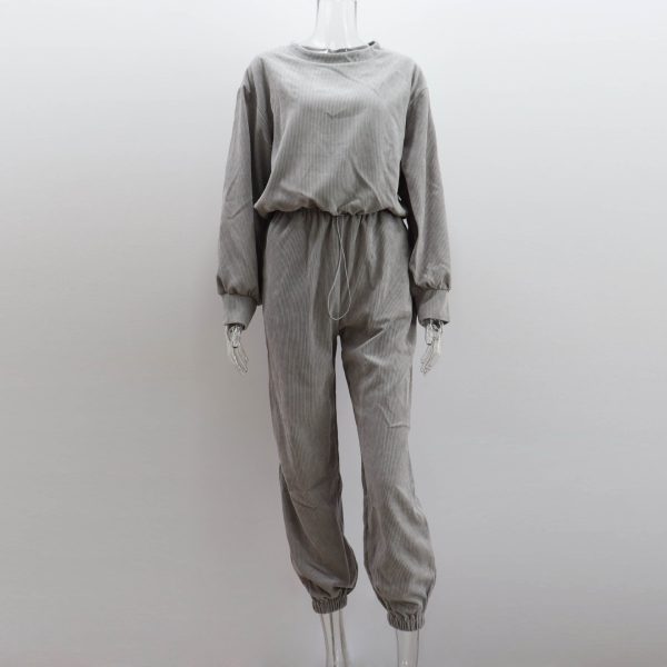 Corduroy Solid Color Round Neck Pullover Long Sleeve Two-piece Set - Image 4