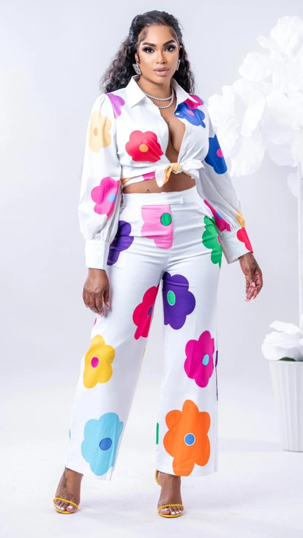Women's Fashion Casual Digital Printed Flowers Blouse And Pants - Image 3