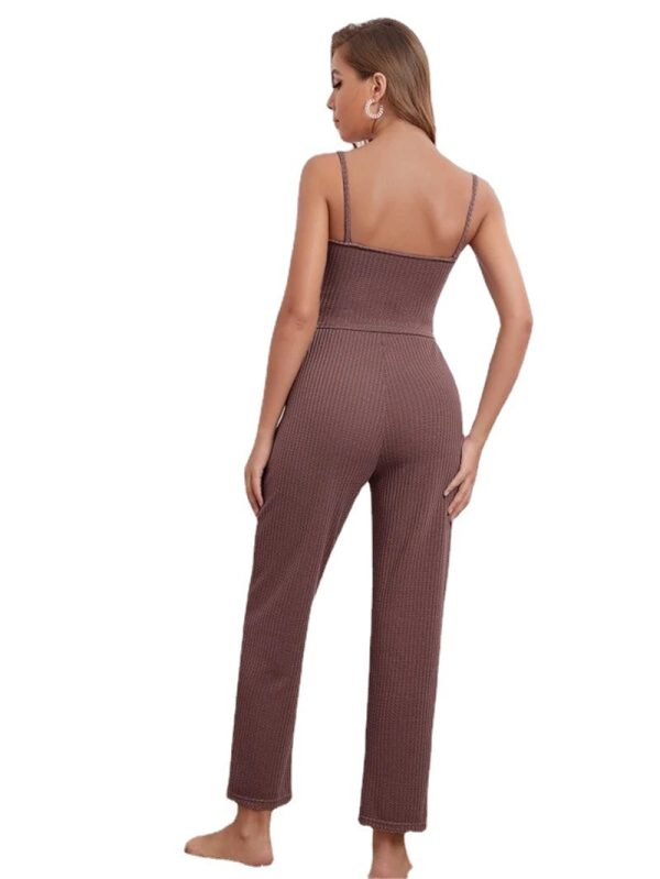 Home Wear Waffle Knitted Suspenders Top And Trousers Robe Pajamas Three-piece Suit - Image 2