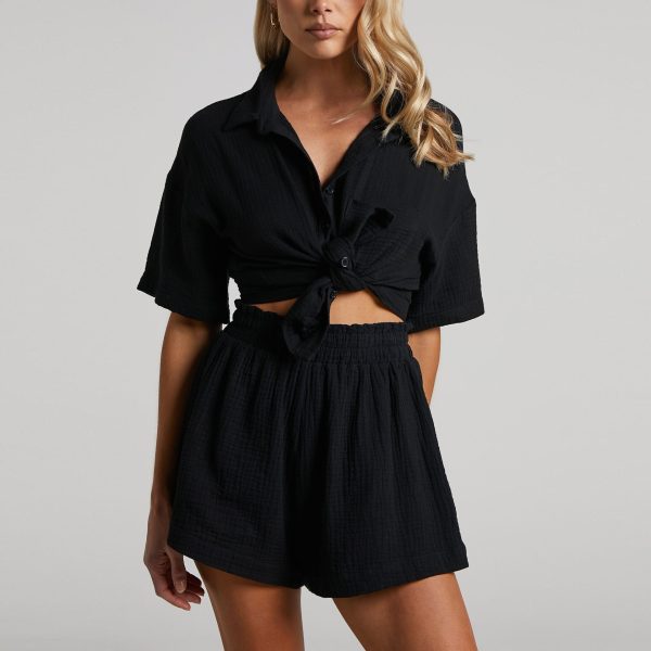 Women's Casual Loose Solid Color Shorts Shirt Two-piece Suit - Image 6