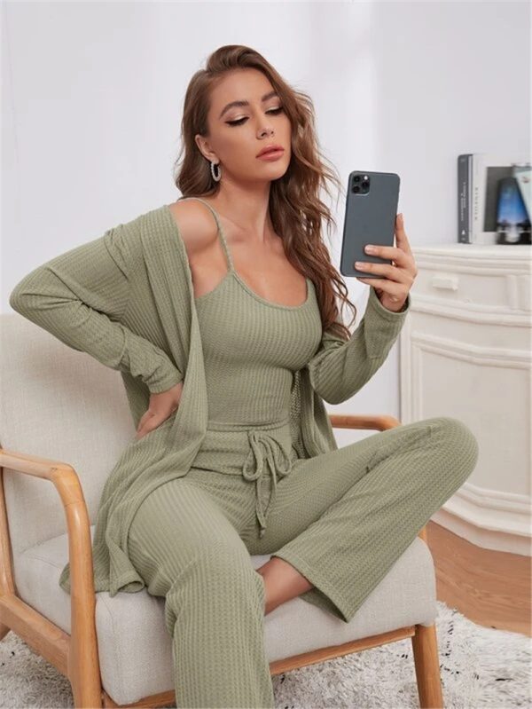 Home Wear Waffle Knitted Suspenders Top And Trousers Robe Pajamas Three-piece Suit - Image 5