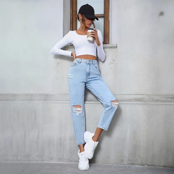 Women's Casual Loose Straight Ripped Denim Trousers - Image 2