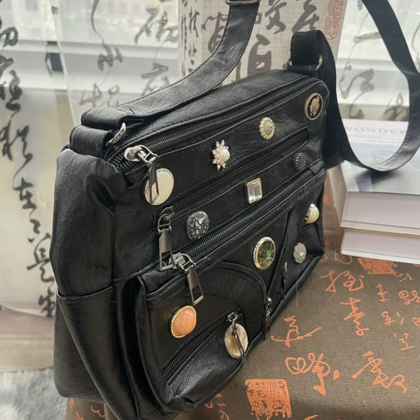 Vintage Button Multi-zipper Washed Shoulder Messenger Bag - Image 5