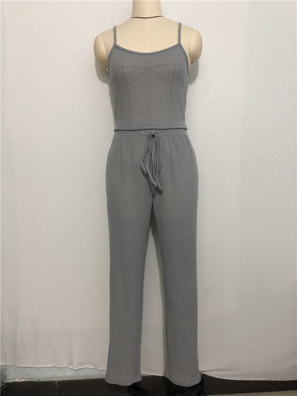 Home Wear Waffle Knitted Suspenders Top And Trousers Robe Pajamas Three-piece Suit - Image 9