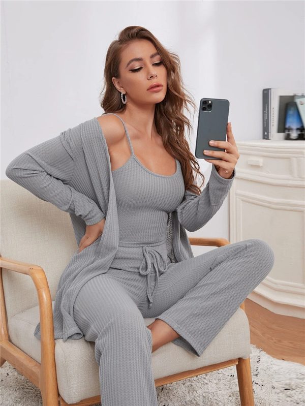 Home Wear Waffle Knitted Suspenders Top And Trousers Robe Pajamas Three-piece Suit - Image 3
