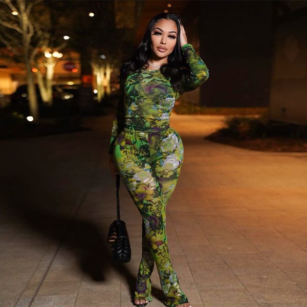New Fashion Mesh Printed Tight Top And Trousers Casual Suit - Image 6