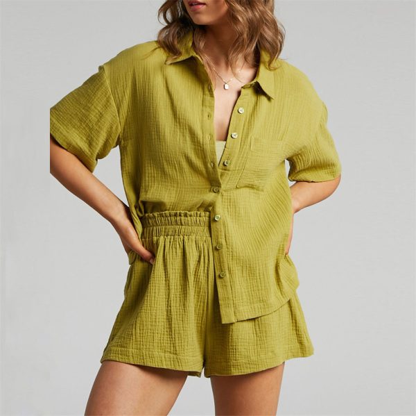 Women's Casual Loose Solid Color Shorts Shirt Two-piece Suit - Image 4