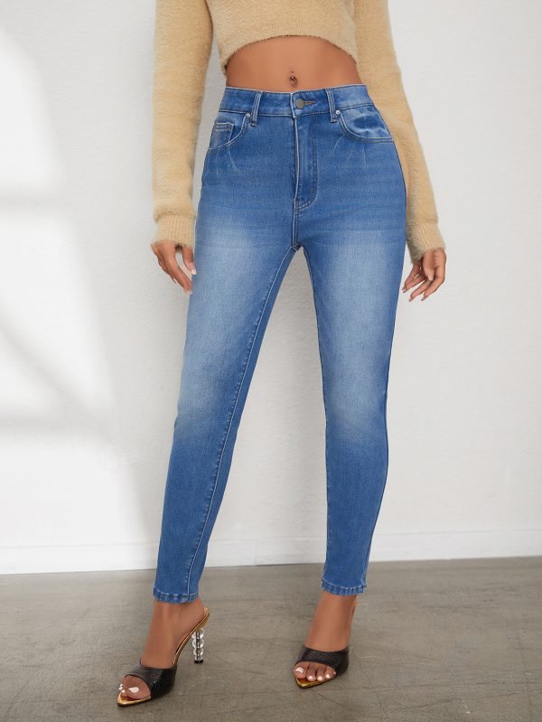 Ladies' High Waisted Comfortable Small Feet With Plush Jeans - Image 2