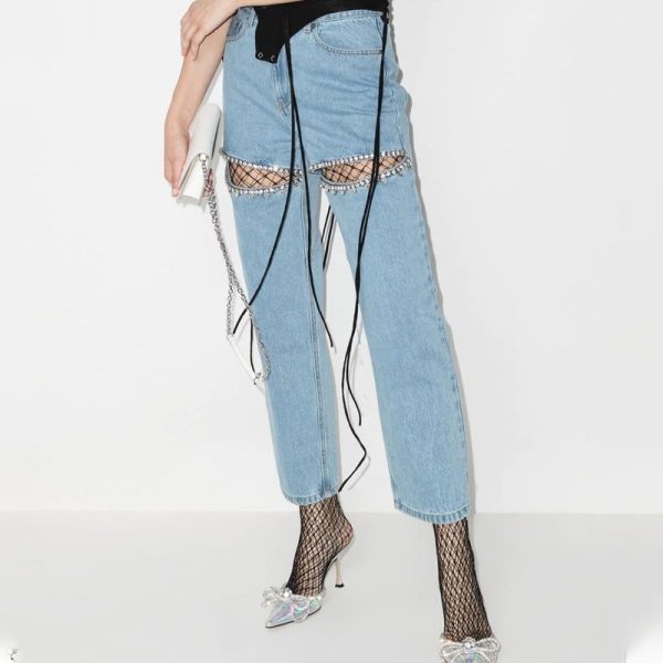 Diamond Beaded Design Straight Mid-waist Long Hollow Jeans - Image 2