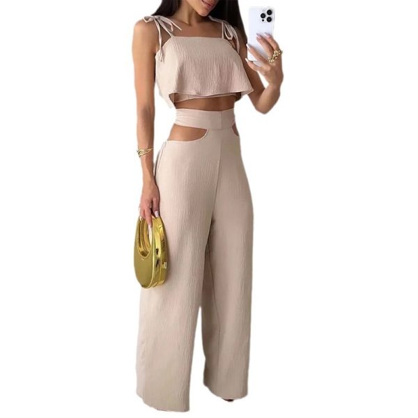 Cross-border Solid Color Sling Top Casual Hollow-out Trousers Suit - Image 3
