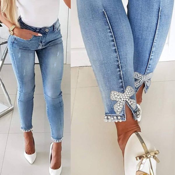 Slim Jeans Women Butterfly Sticky Flower Beaded Split Trousers - Image 3